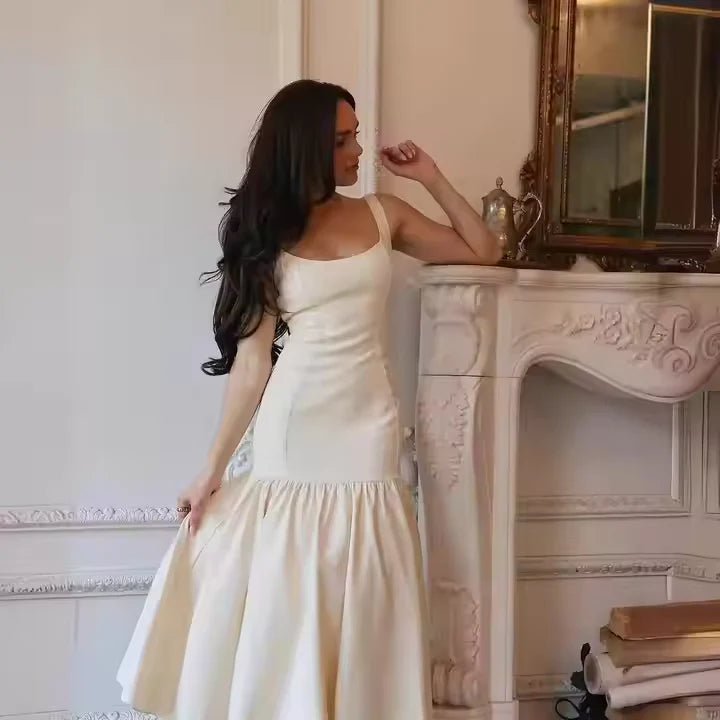 TingPo Wholesale Vintage Mermaid Square Neckline White Ruffles Long Prom Dress Formal Dresses